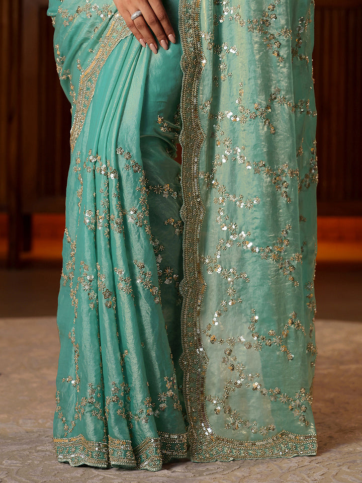Libas Art Blue Floral Embellished Tissue Saree