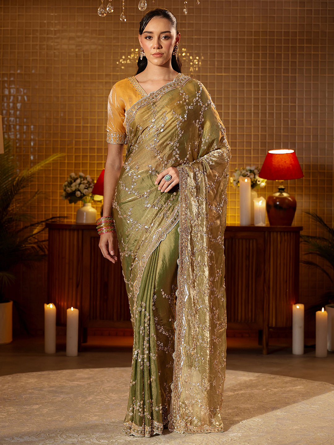 Libas Art Green Floral Embellished Tissue Saree