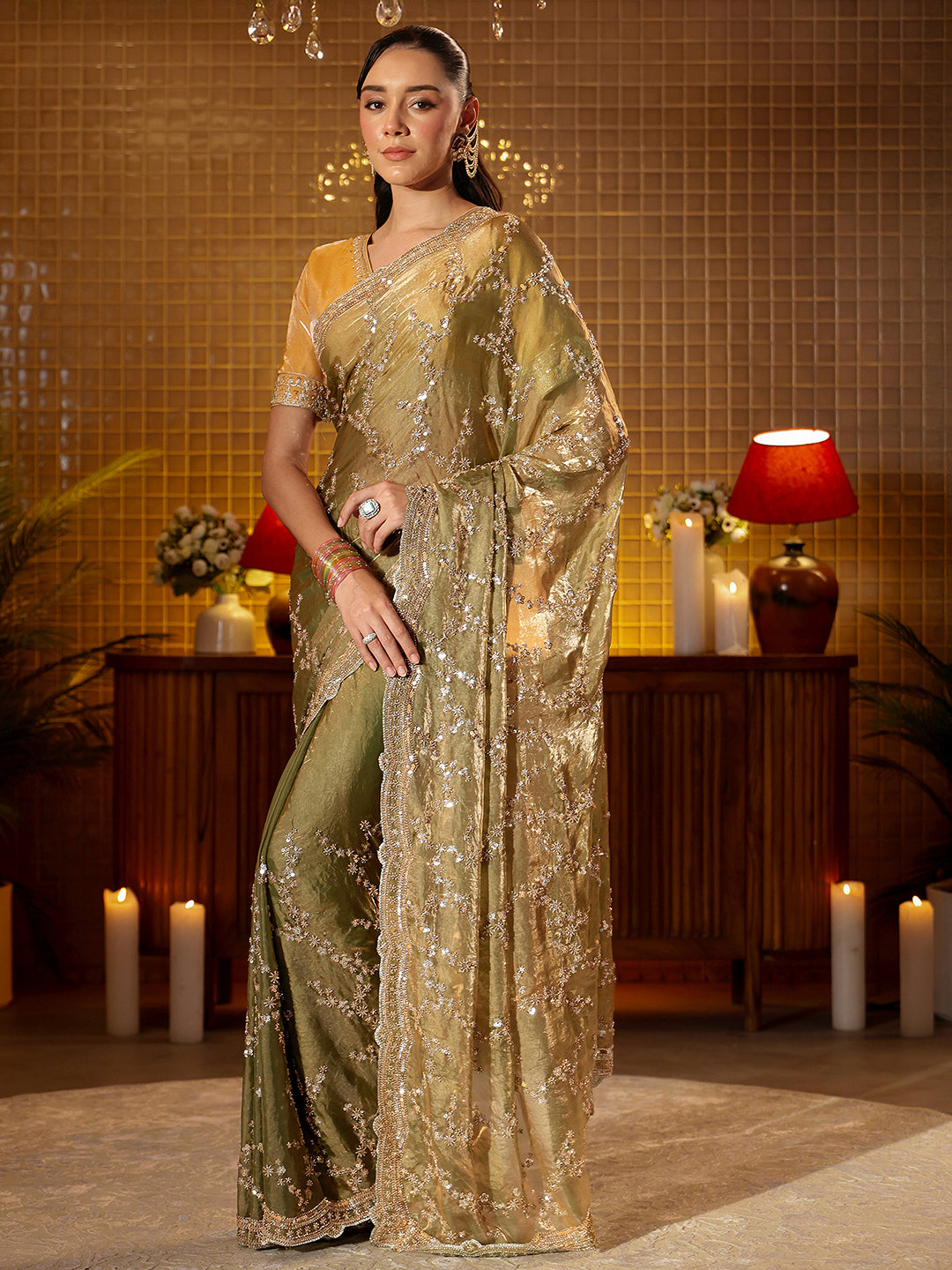 Libas Art Green Floral Embellished Tissue Saree