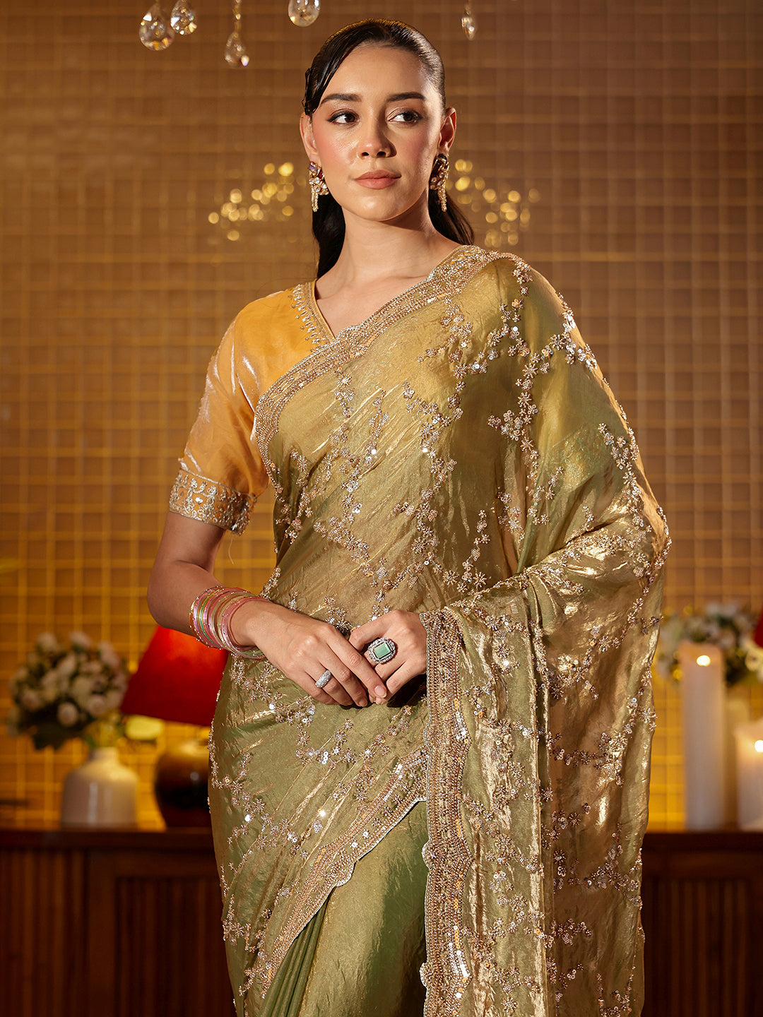 Libas Art Green Floral Embellished Tissue Saree