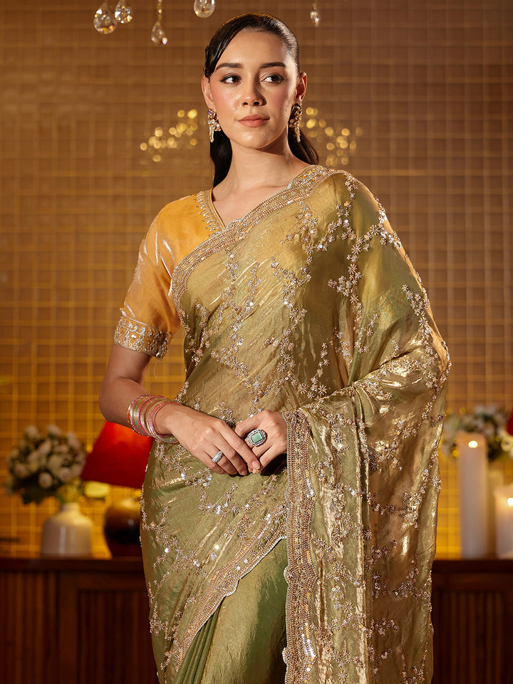 Libas Art Green Floral Embellished Tissue Saree