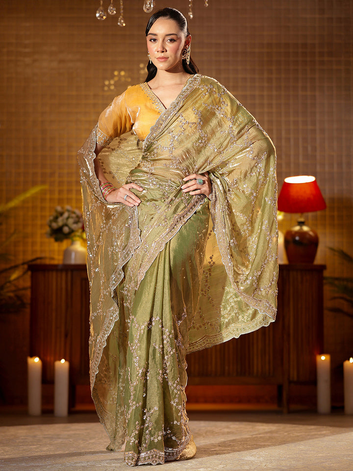 Libas Art Green Floral Embellished Tissue Saree