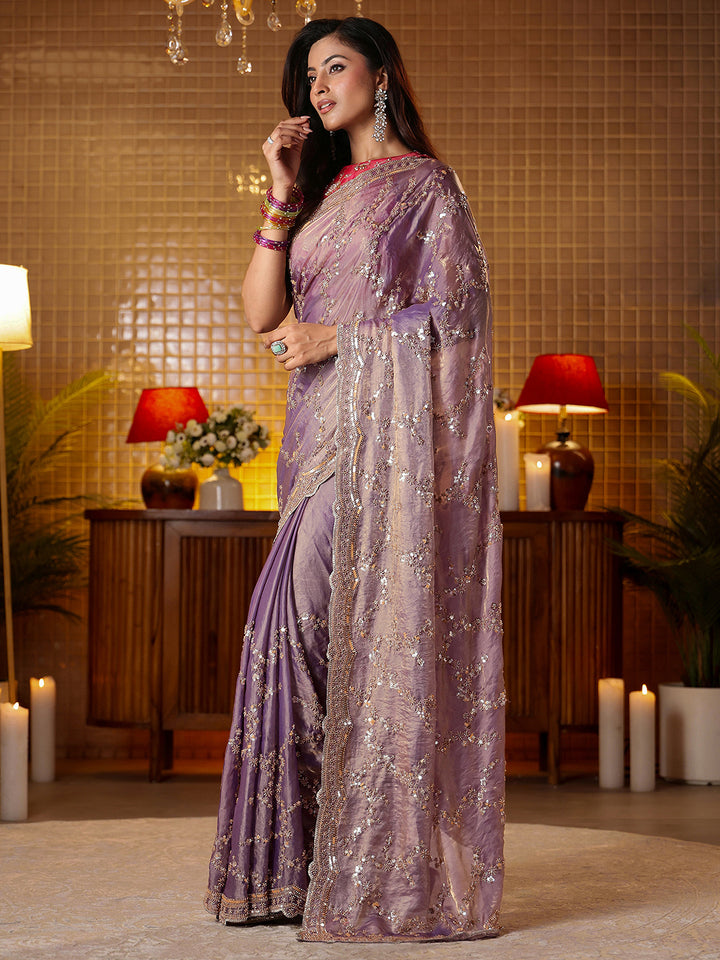Libas Art Lavender Floral Embellished Tissue Saree