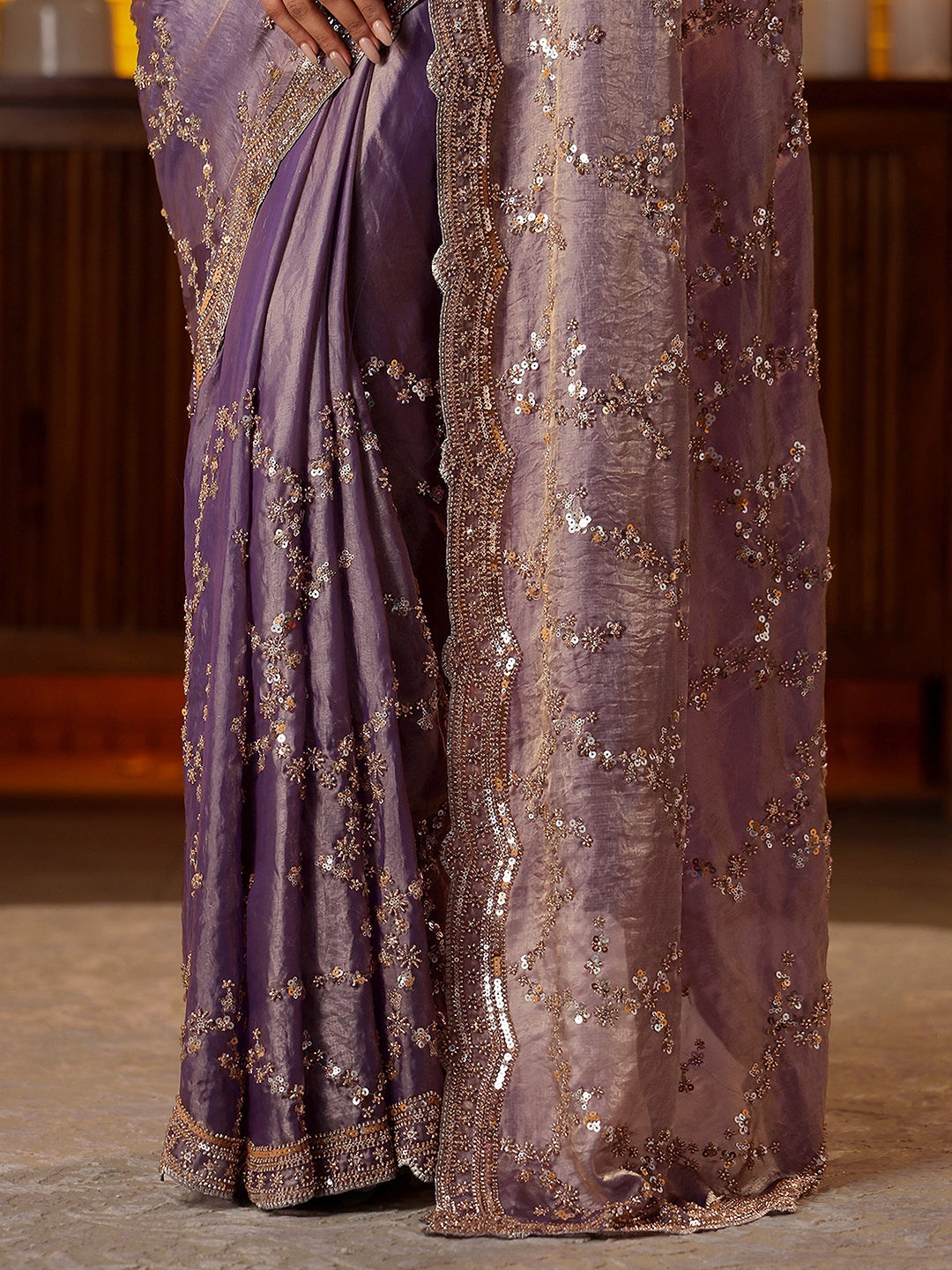 Libas Art Lavender Floral Embellished Tissue Saree