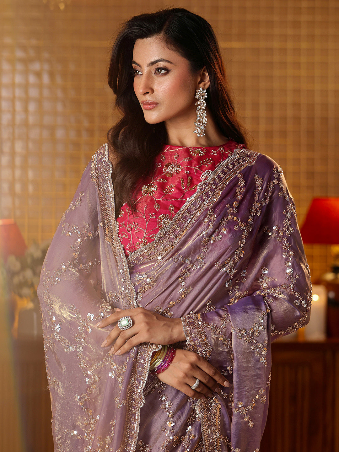 Libas Art Lavender Floral Embellished Tissue Saree