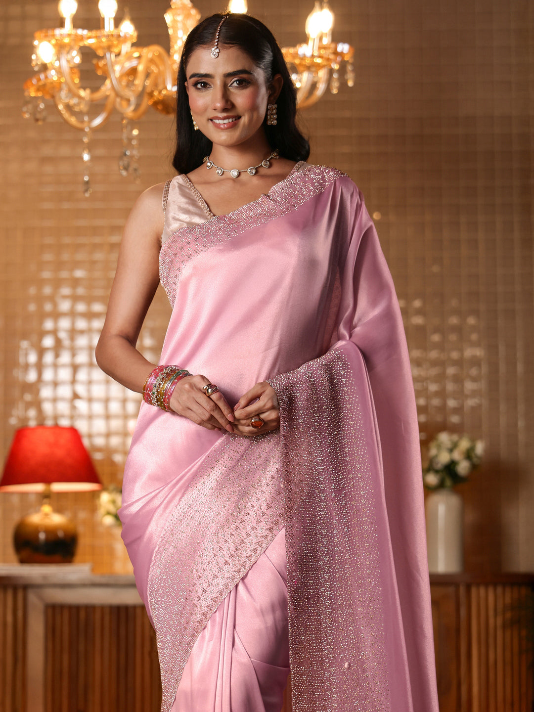 Libas Art Pink Solid Tissue Saree