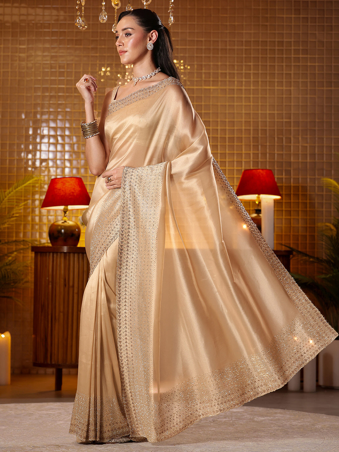 Libas Art Beige Solid Tissue Saree
