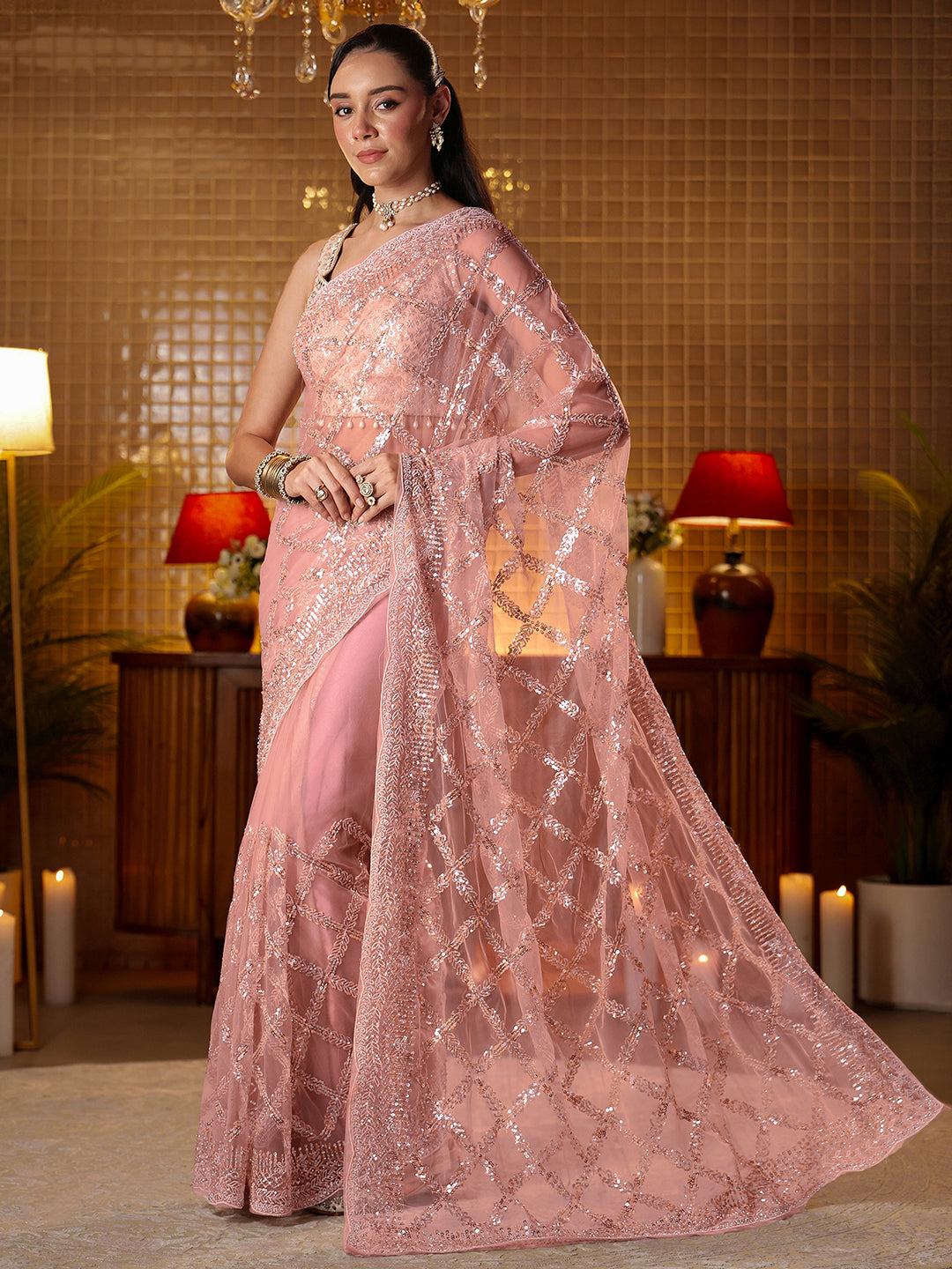 Libas Art Pink Embellished Net Saree