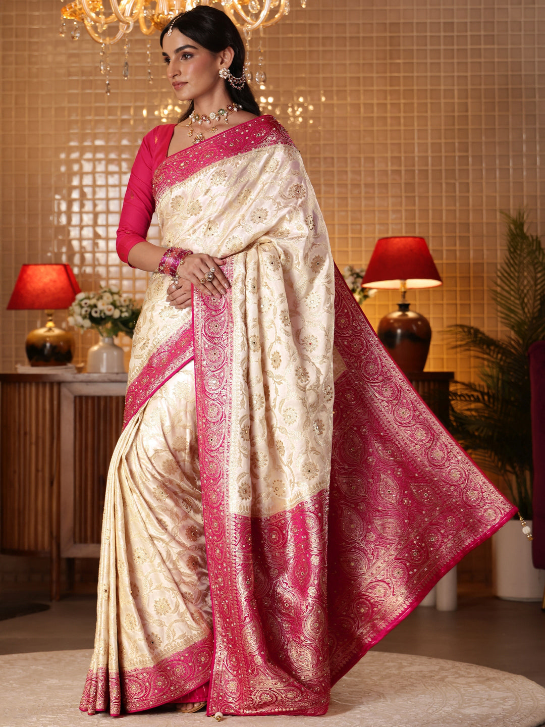 Libas Art Cream Floral Woven Design Silk Blend Saree