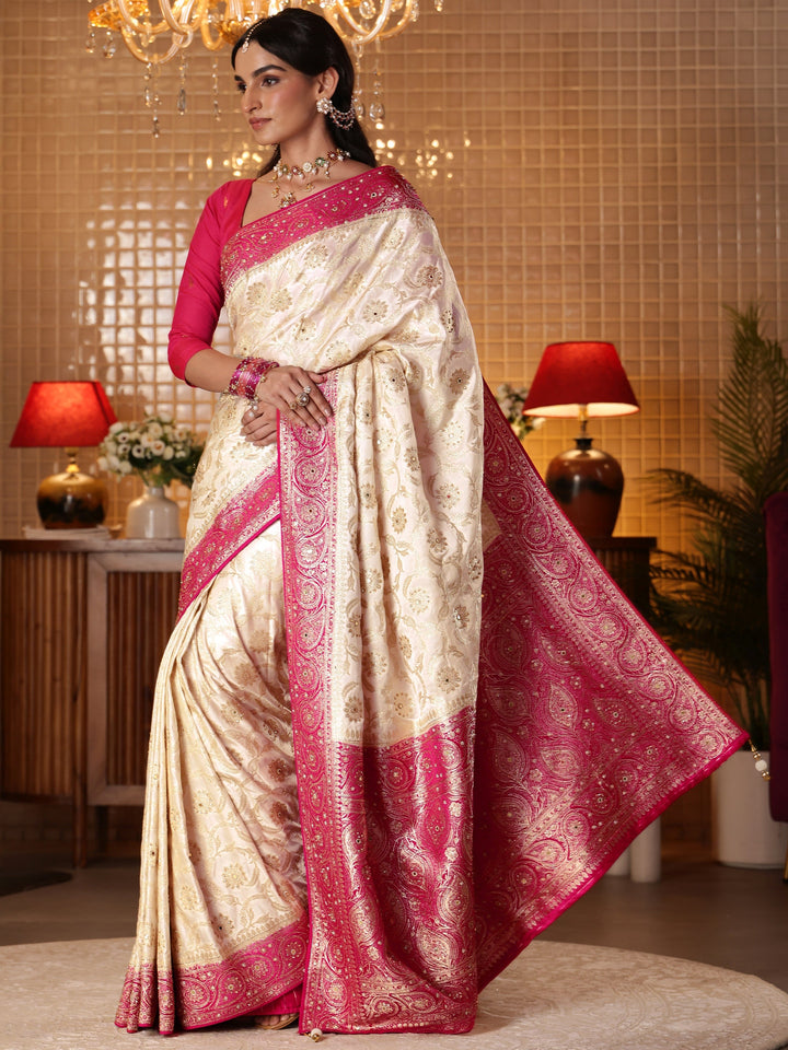 Libas Art Cream Floral Woven Design Silk Blend Saree