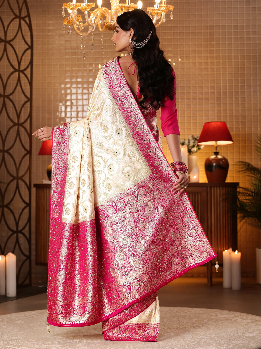 Libas Art Cream Floral Woven Design Silk Blend Saree