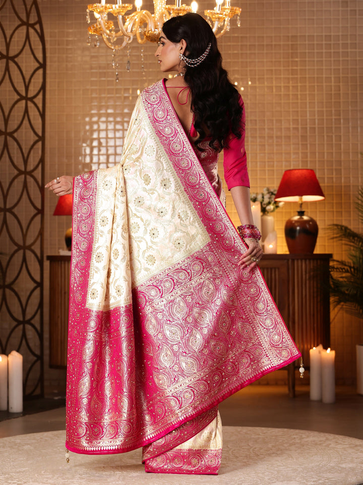 Libas Art Cream Floral Woven Design Silk Blend Saree