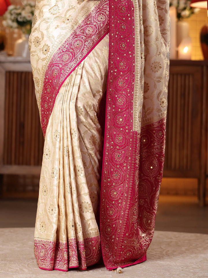 Libas Art Cream Floral Woven Design Silk Blend Saree