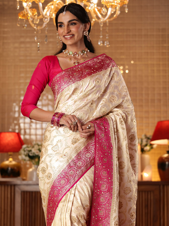 Libas Art Cream Floral Woven Design Silk Blend Saree