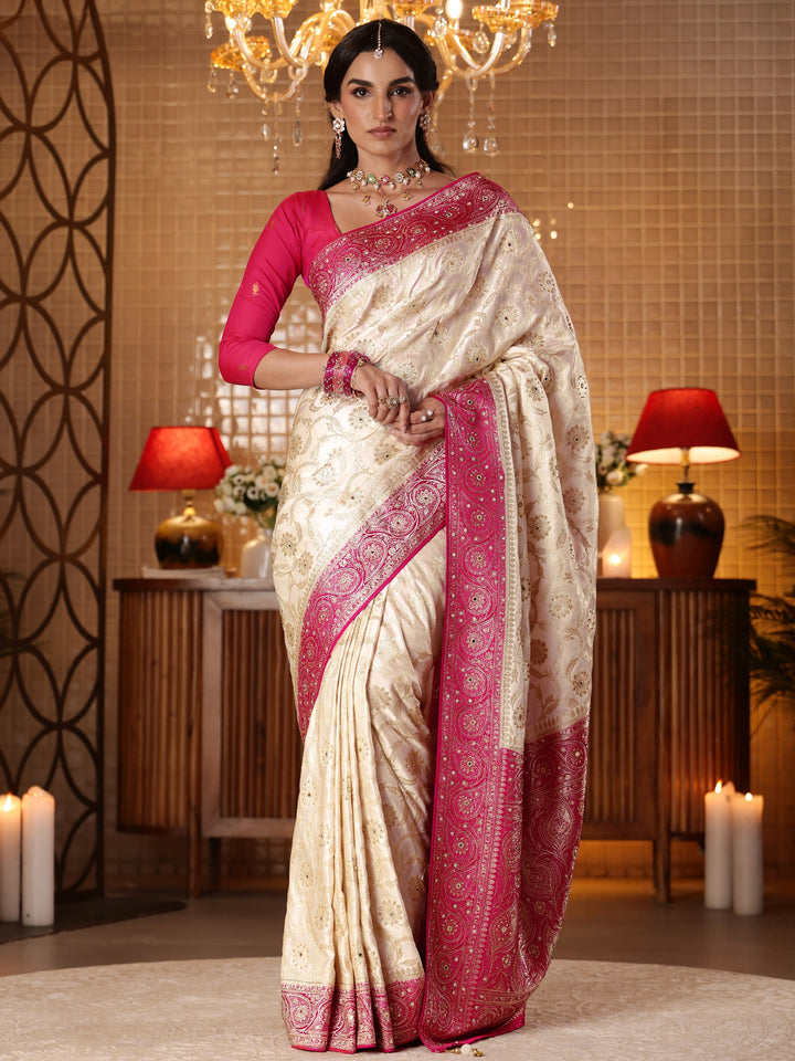 Libas Art Cream Floral Woven Design Silk Blend Saree