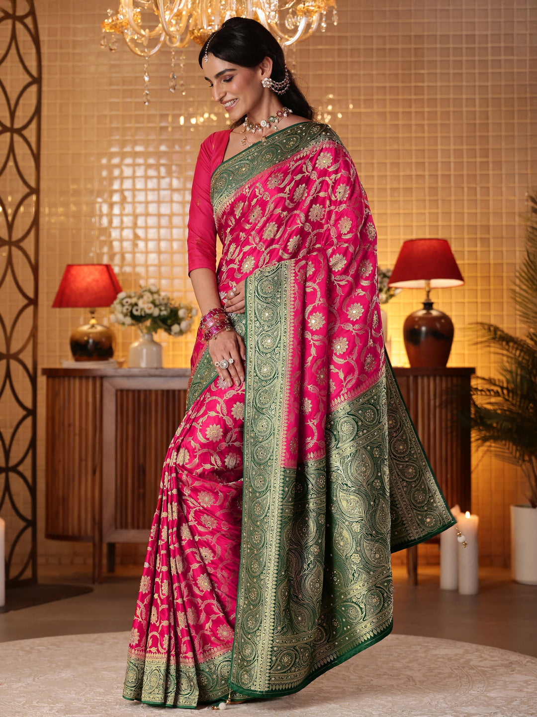 Pink Floral Woven Design Silk Blend Saree