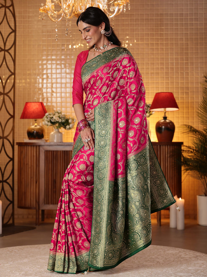 Pink Floral Woven Design Silk Blend Saree