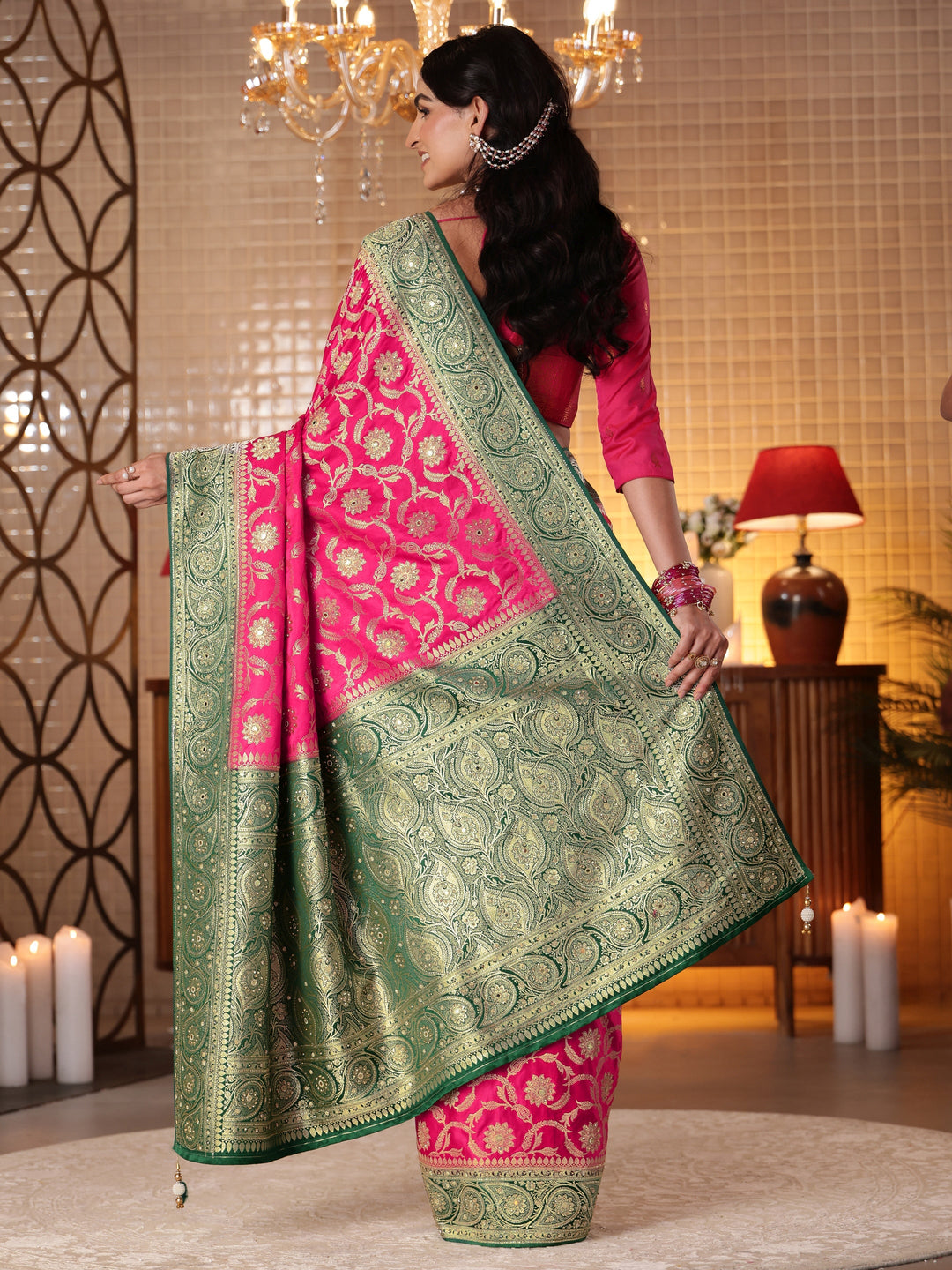 Pink Floral Woven Design Silk Blend Saree
