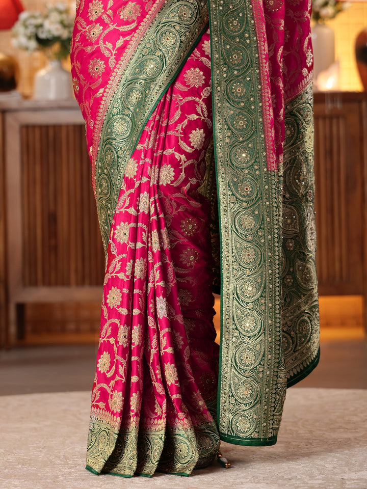 Pink Floral Woven Design Silk Blend Saree