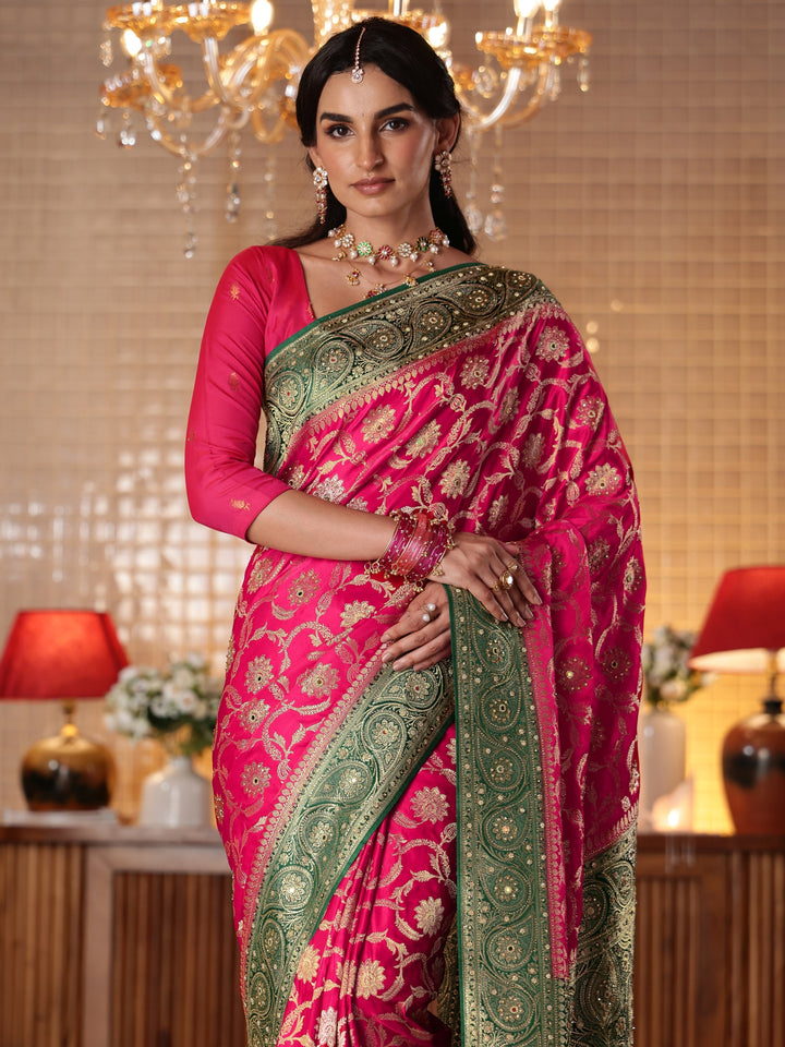 Pink Floral Woven Design Silk Blend Saree