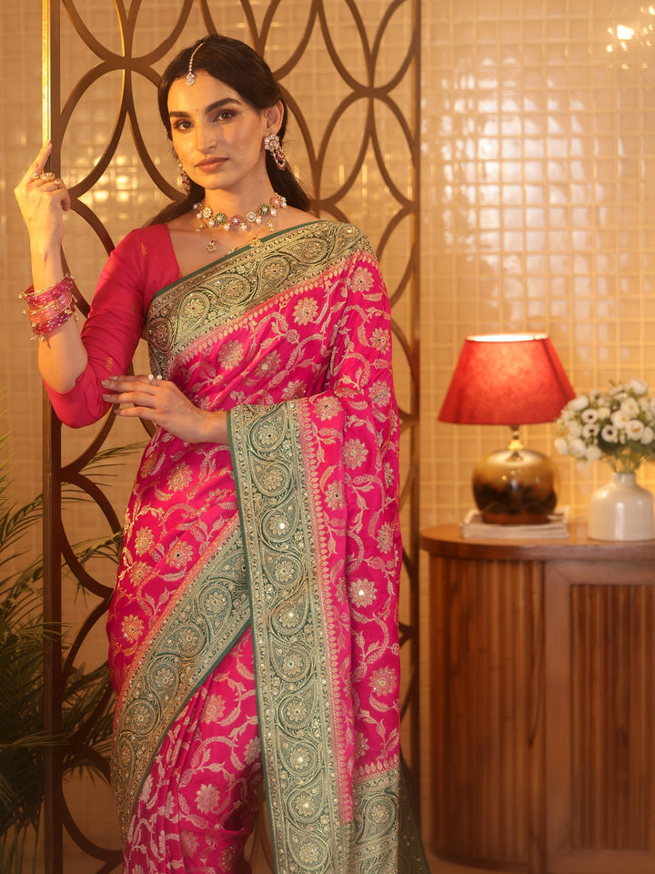 Pink Floral Woven Design Silk Blend Saree