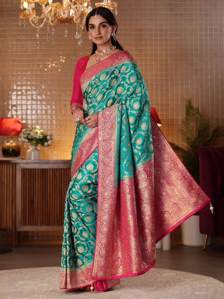 Libas Art Blue Floral Woven Design Silk Blend Saree