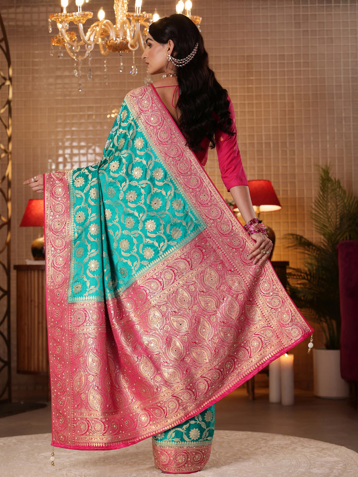 Libas Art Blue Floral Woven Design Silk Blend Saree