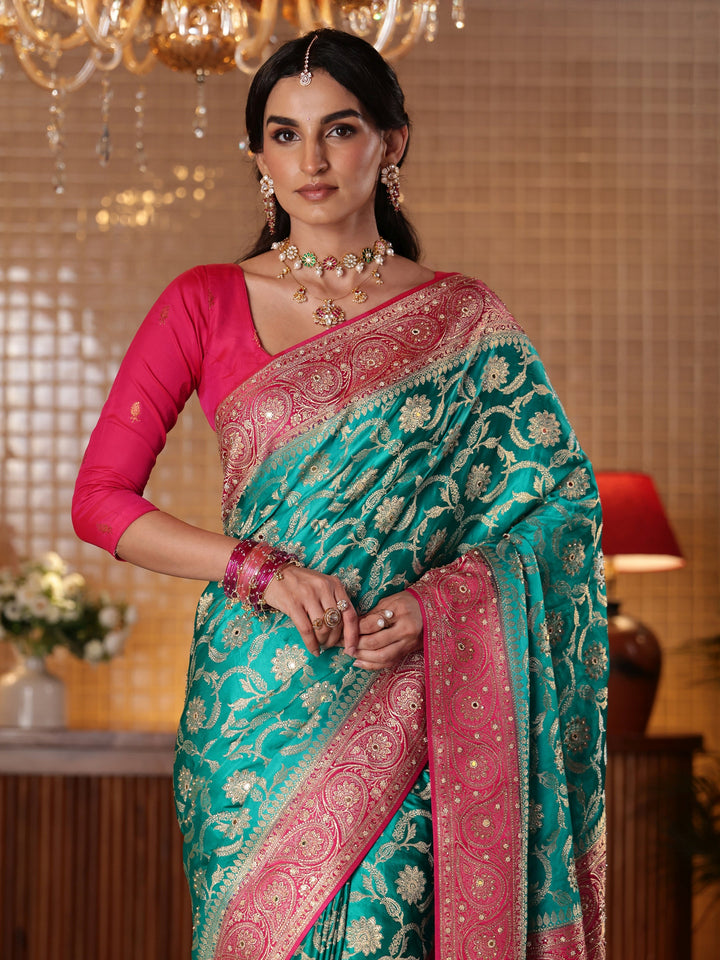 Libas Art Blue Floral Woven Design Silk Blend Saree