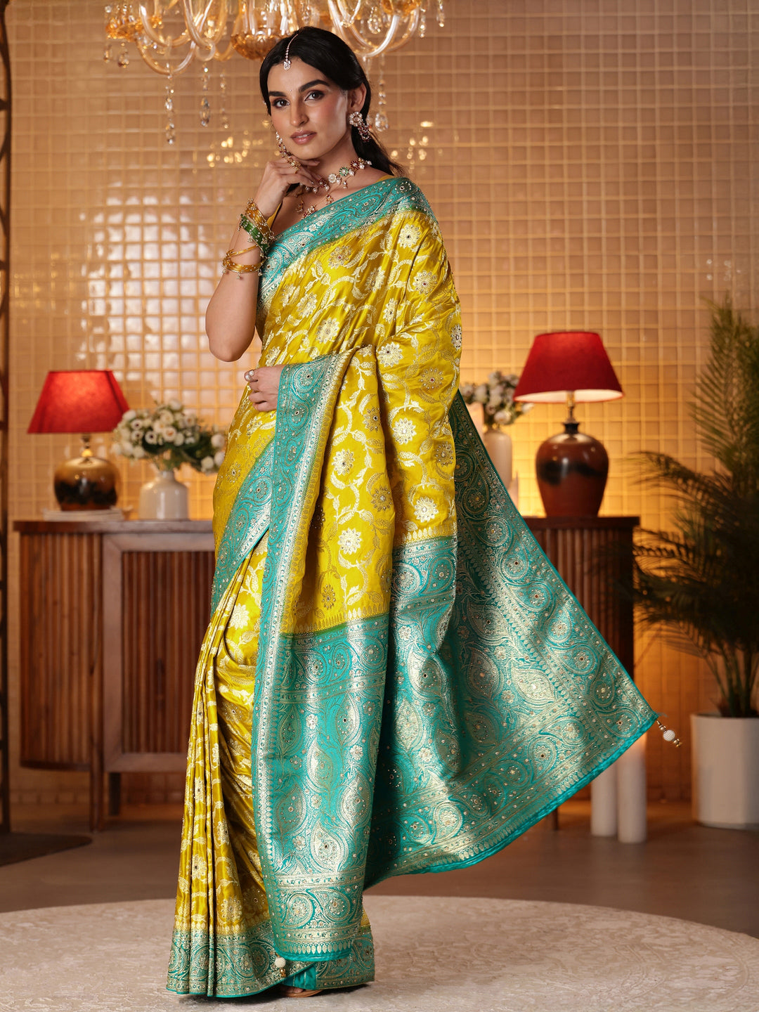 Libas Art Mustard Floral Woven Design Silk Blend Saree