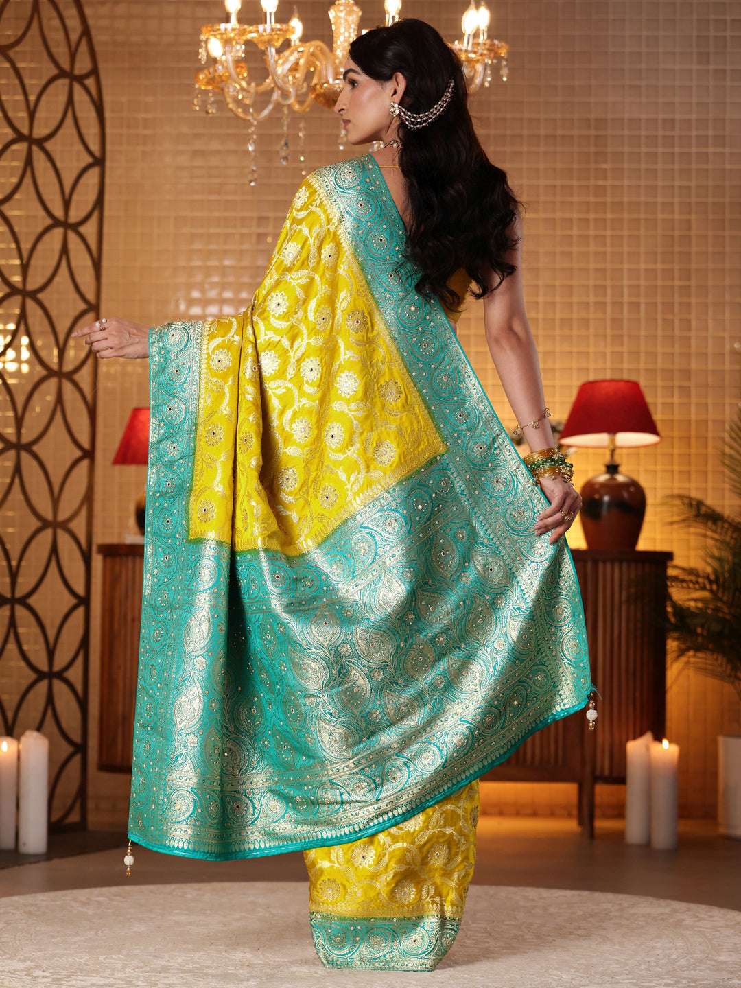 Libas Art Mustard Floral Woven Design Silk Blend Saree