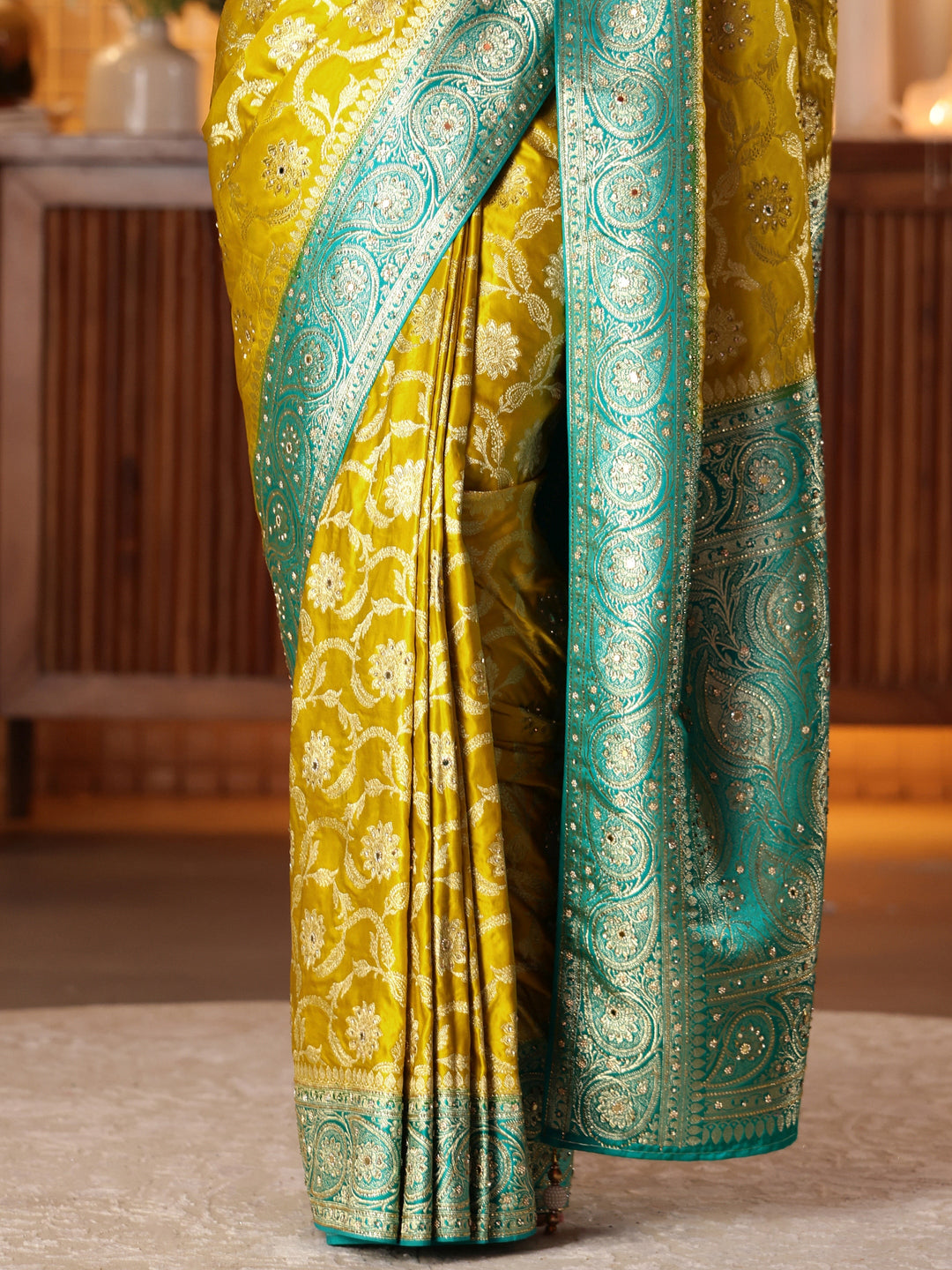 Libas Art Mustard Floral Woven Design Silk Blend Saree