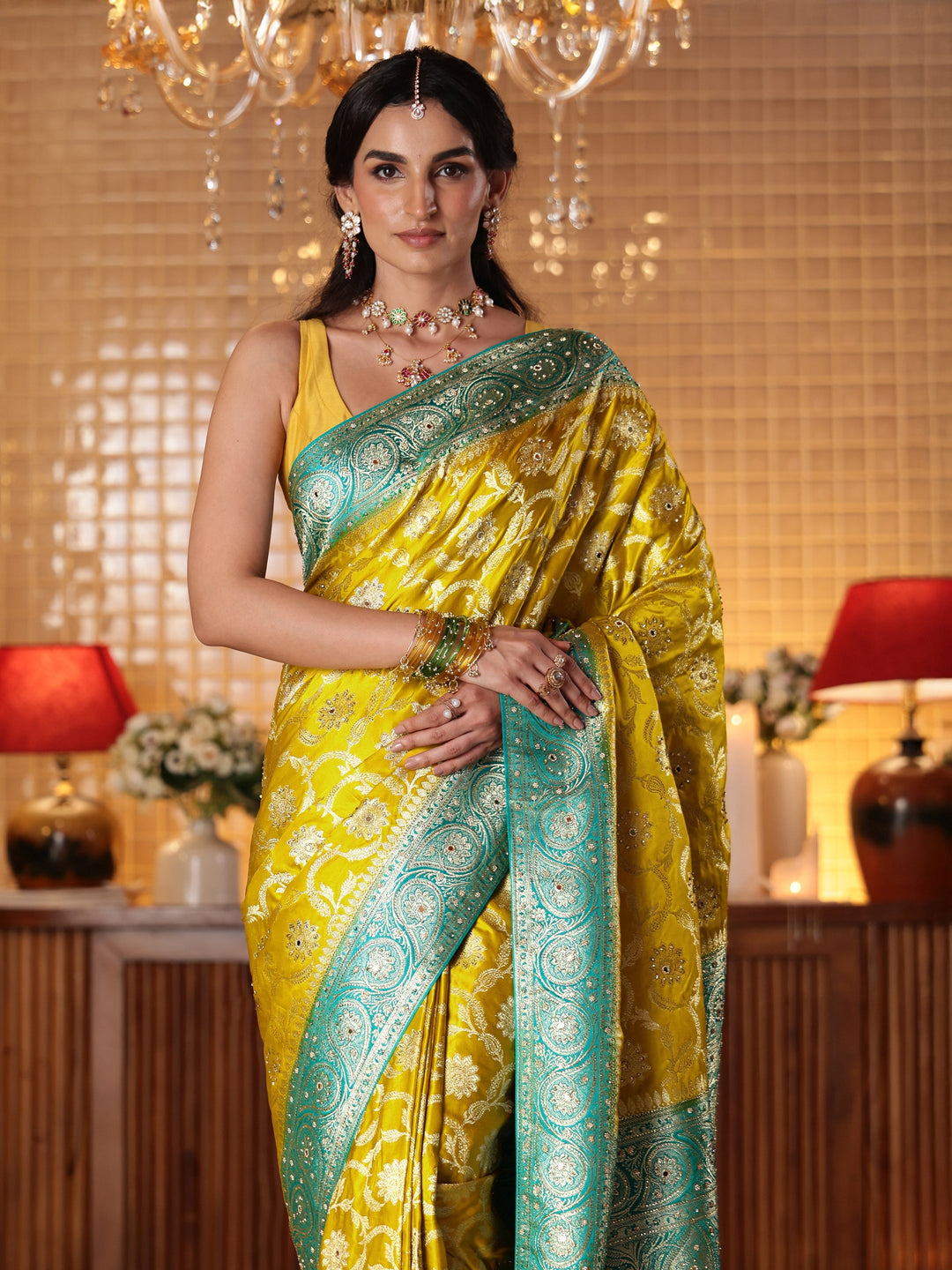 Libas Art Mustard Floral Woven Design Silk Blend Saree