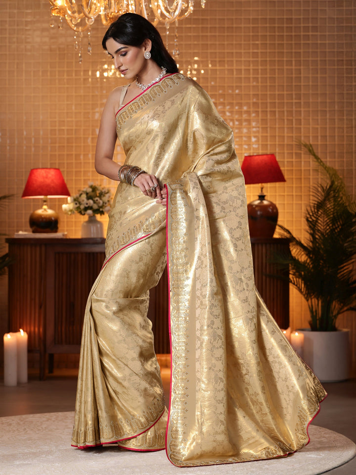 Libas Gold Tribal Woven Design Satin Saree
