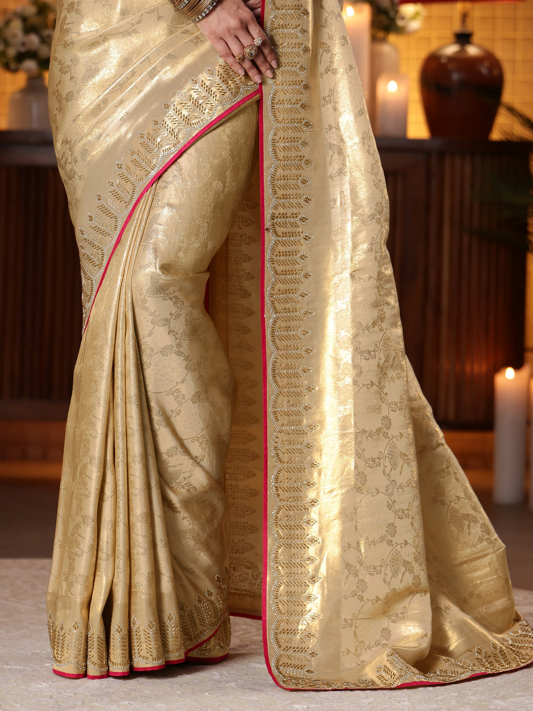 Libas Gold Tribal Woven Design Satin Saree