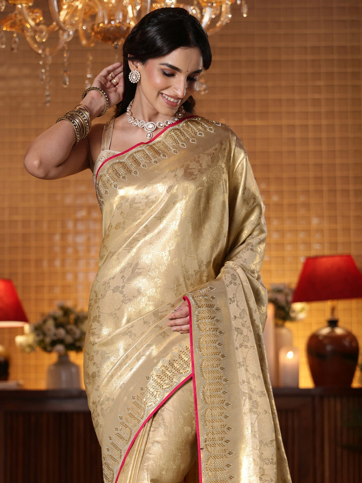 Libas Gold Tribal Woven Design Satin Saree