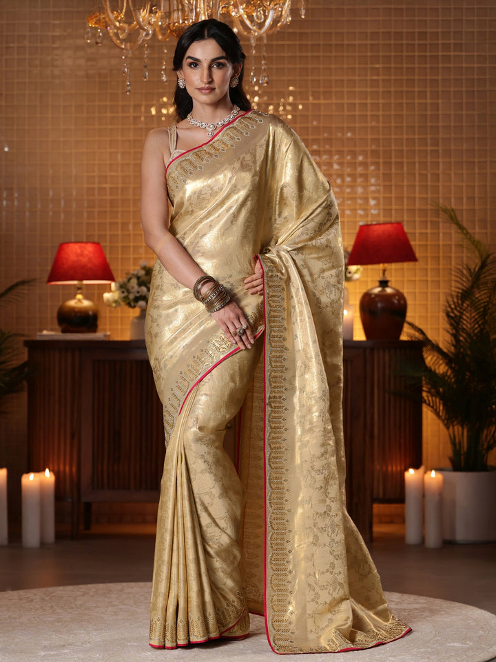 Libas Gold Tribal Woven Design Satin Saree
