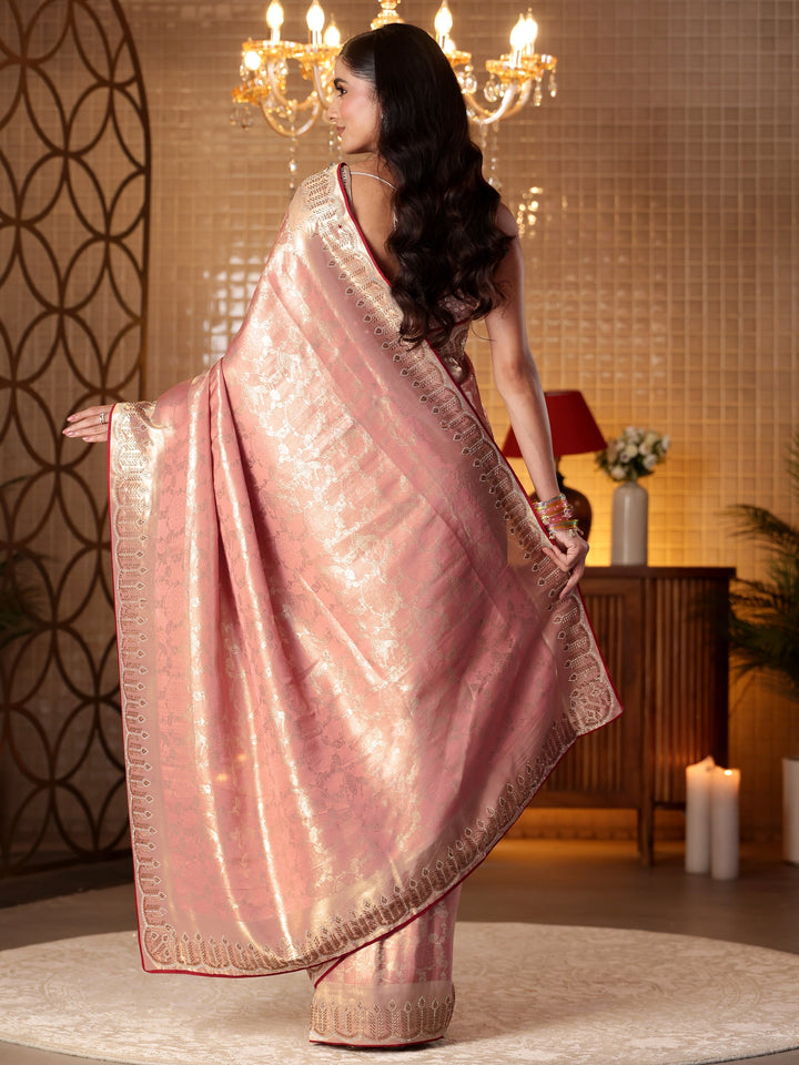 Libas Peach Tribal Woven Design Satin Saree