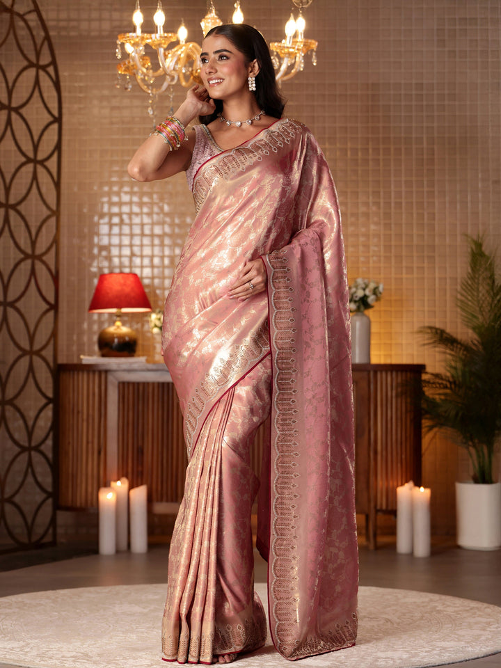 Libas Peach Tribal Woven Design Satin Saree