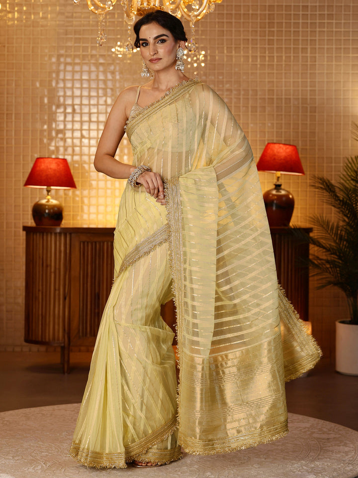 Libas Gold Striped Woven Design Tissue Saree