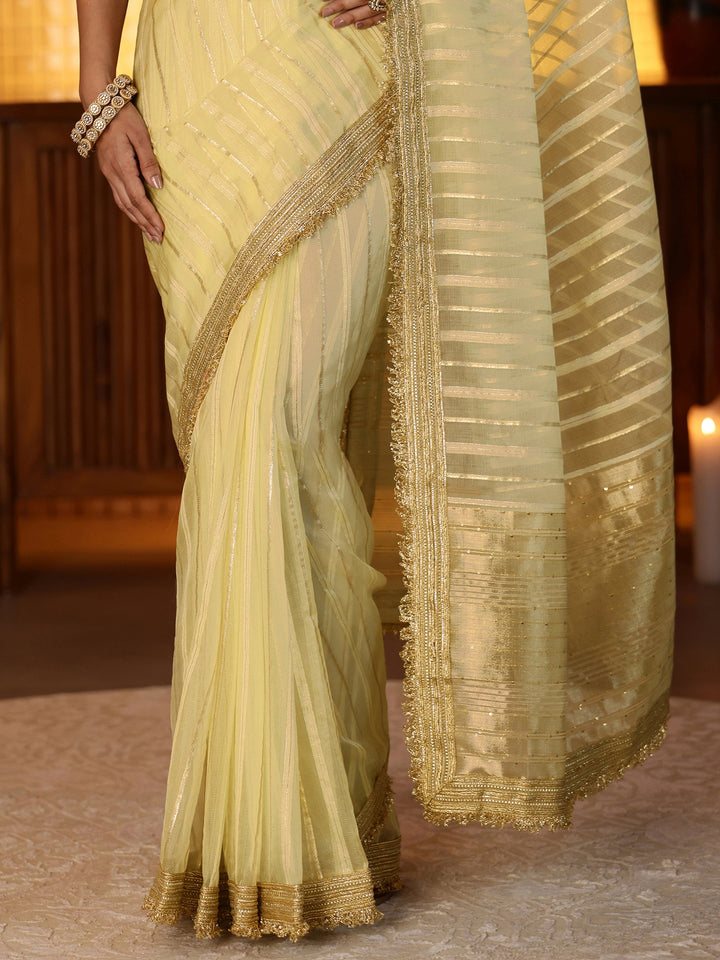 Libas Gold Striped Woven Design Tissue Saree
