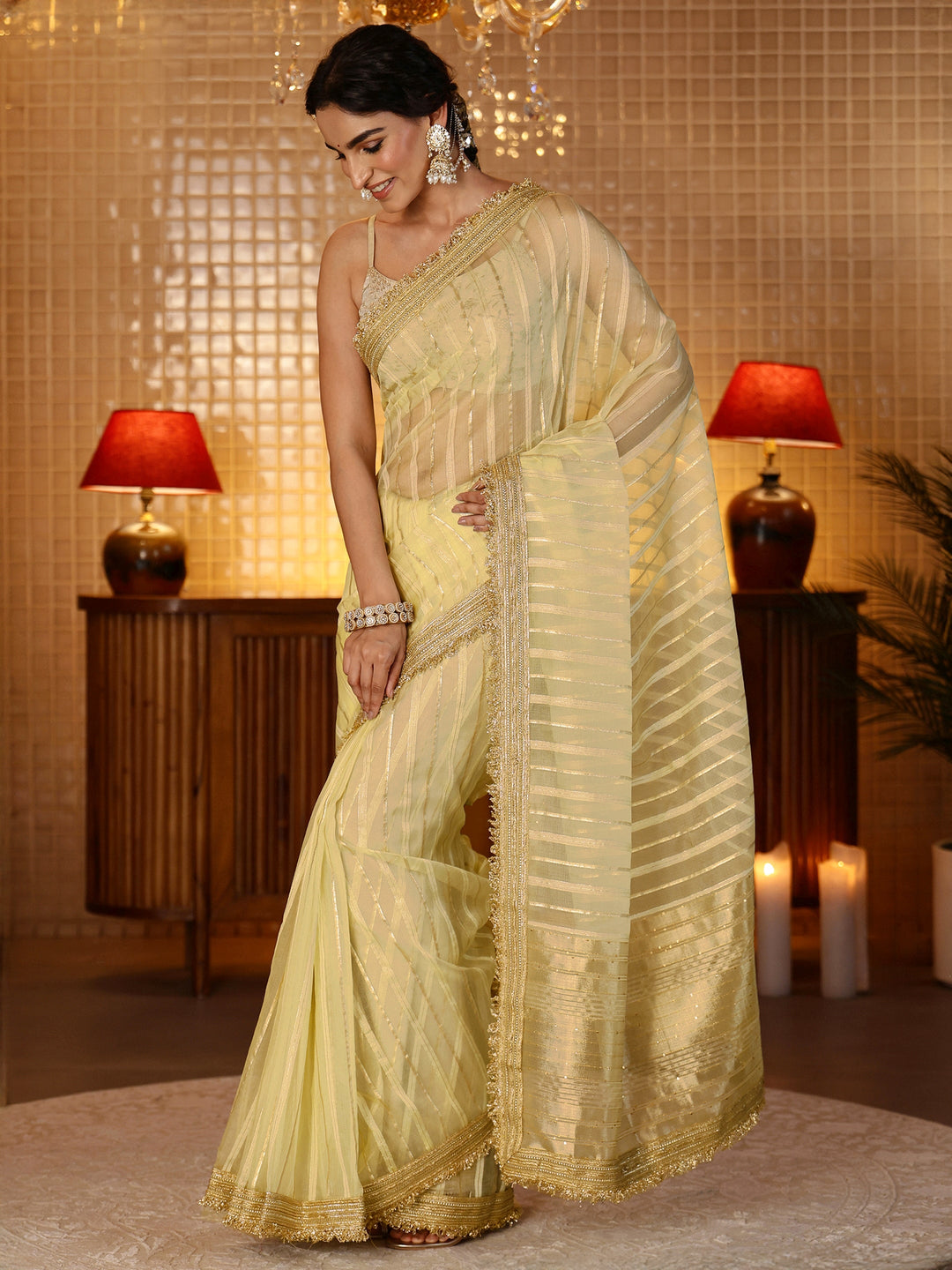 Libas Gold Striped Woven Design Tissue Saree