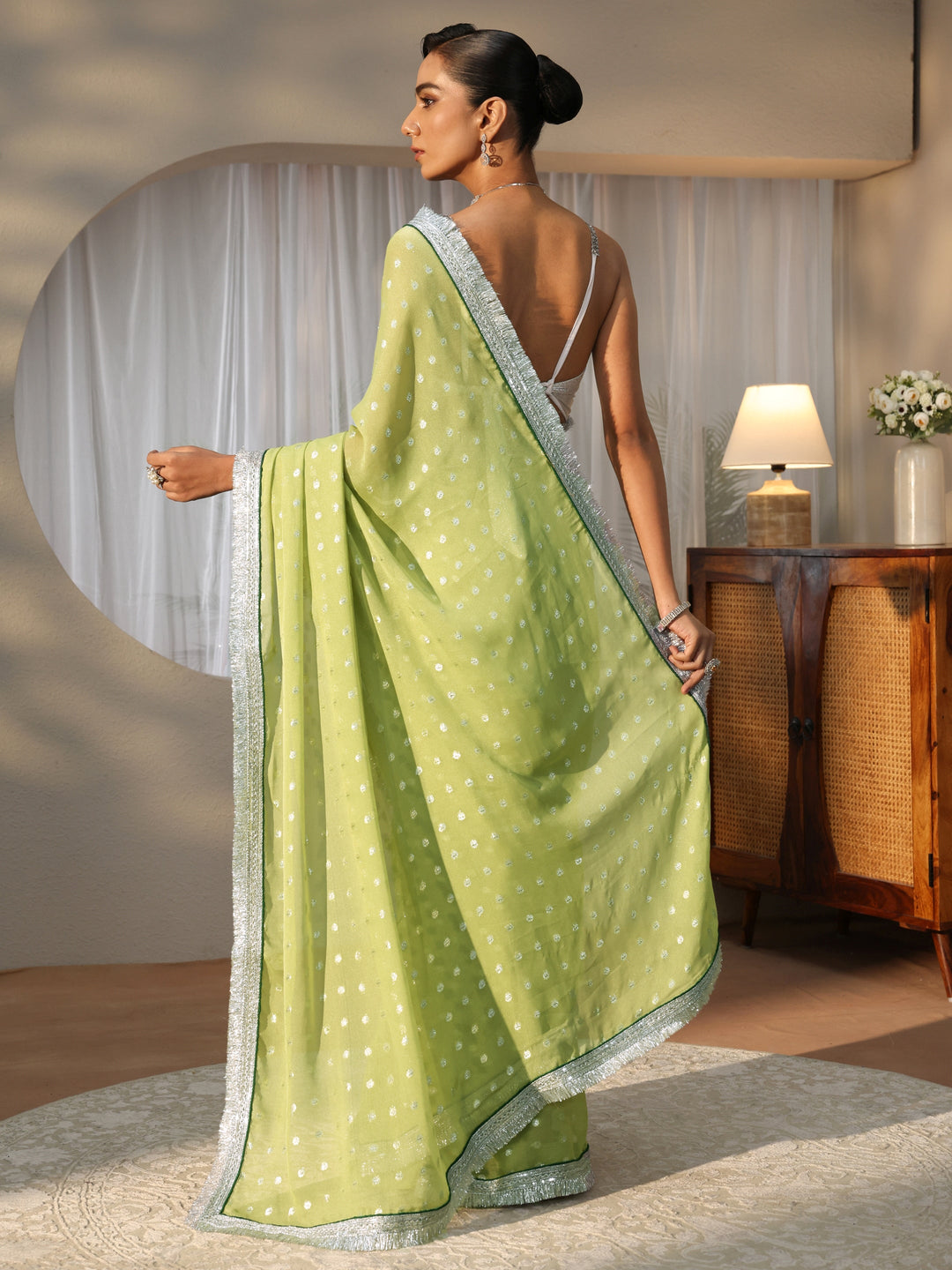 Lime Green Woven Design Tissue Saree