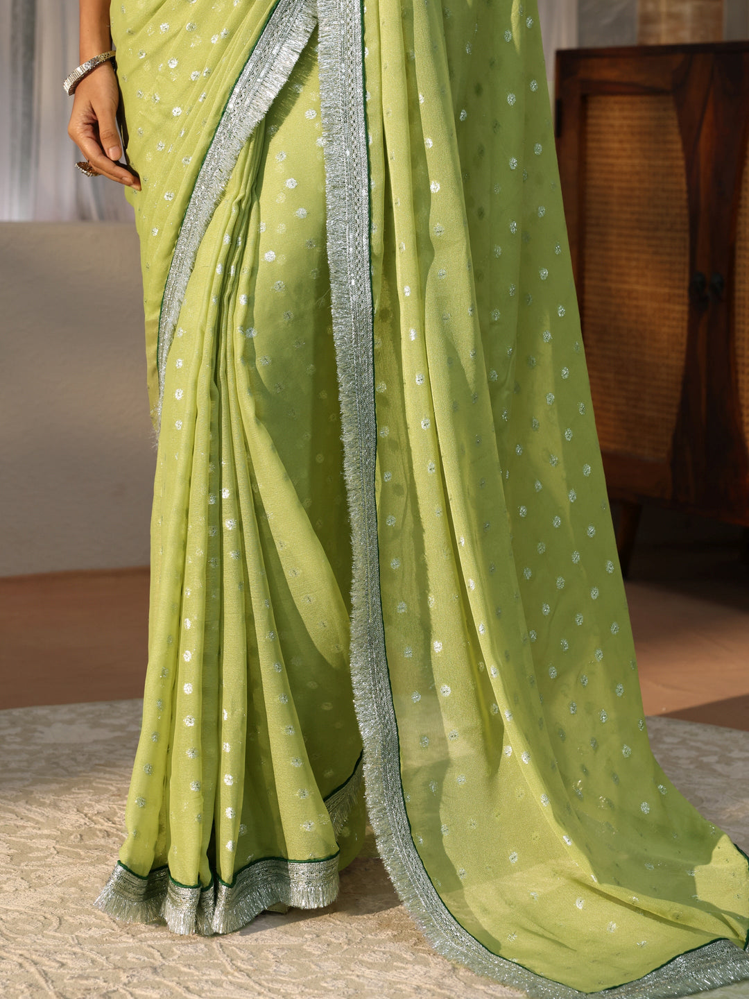 Lime Green Woven Design Tissue Saree