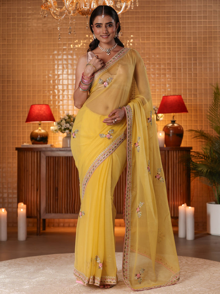 Libas Mustard Floral Embroidered Silk Blend Saree