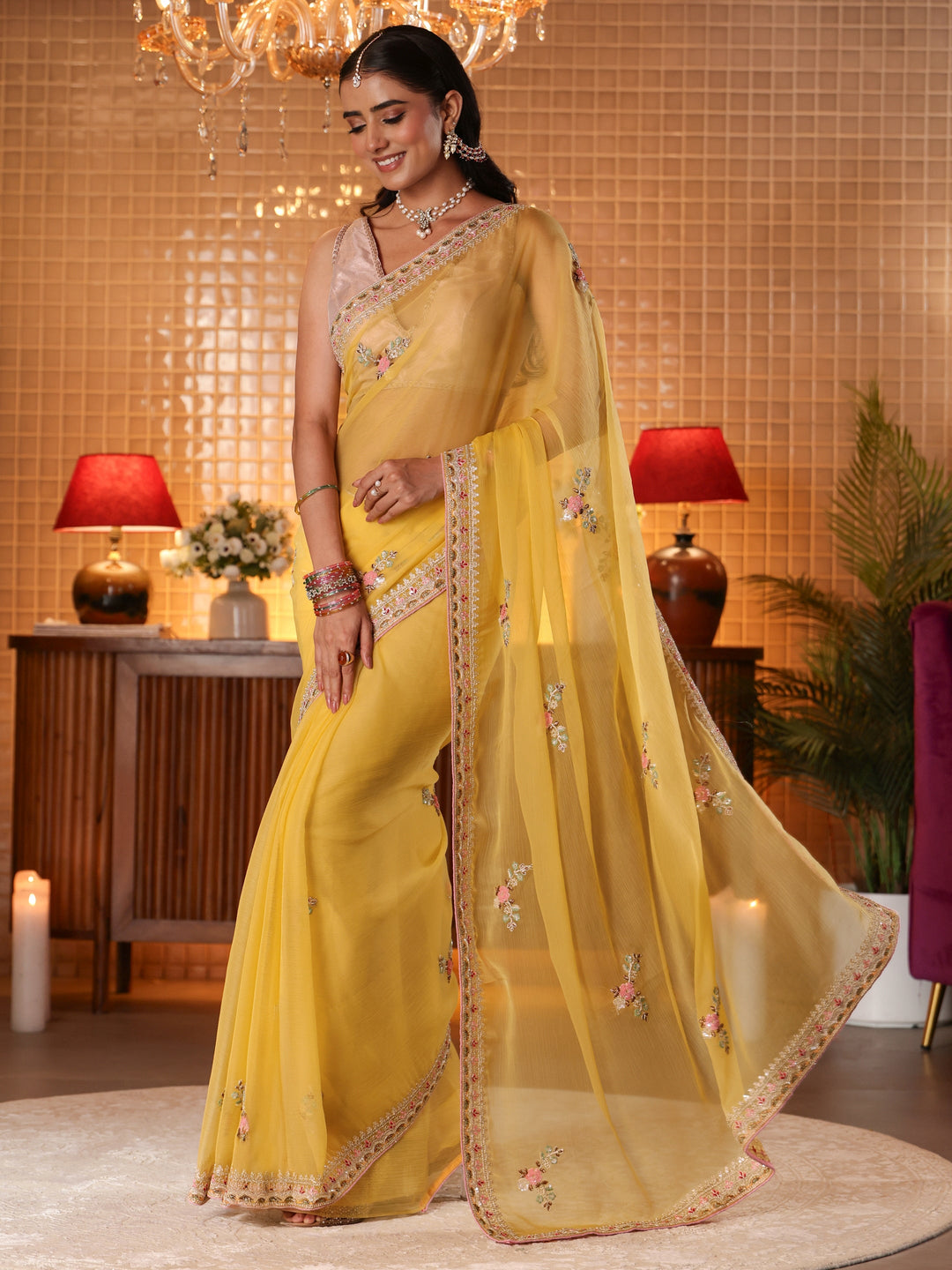 Libas Mustard Floral Embroidered Silk Blend Saree