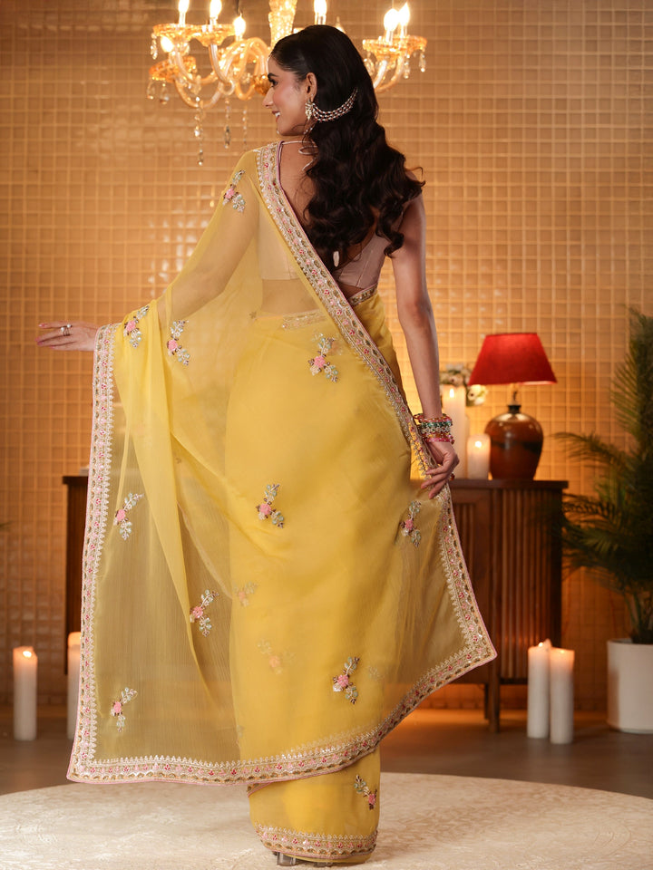Libas Mustard Floral Embroidered Silk Blend Saree