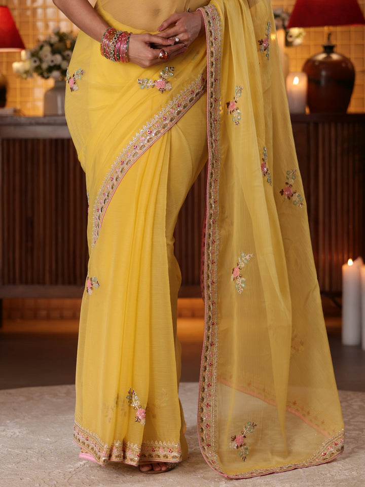 Libas Mustard Floral Embroidered Silk Blend Saree