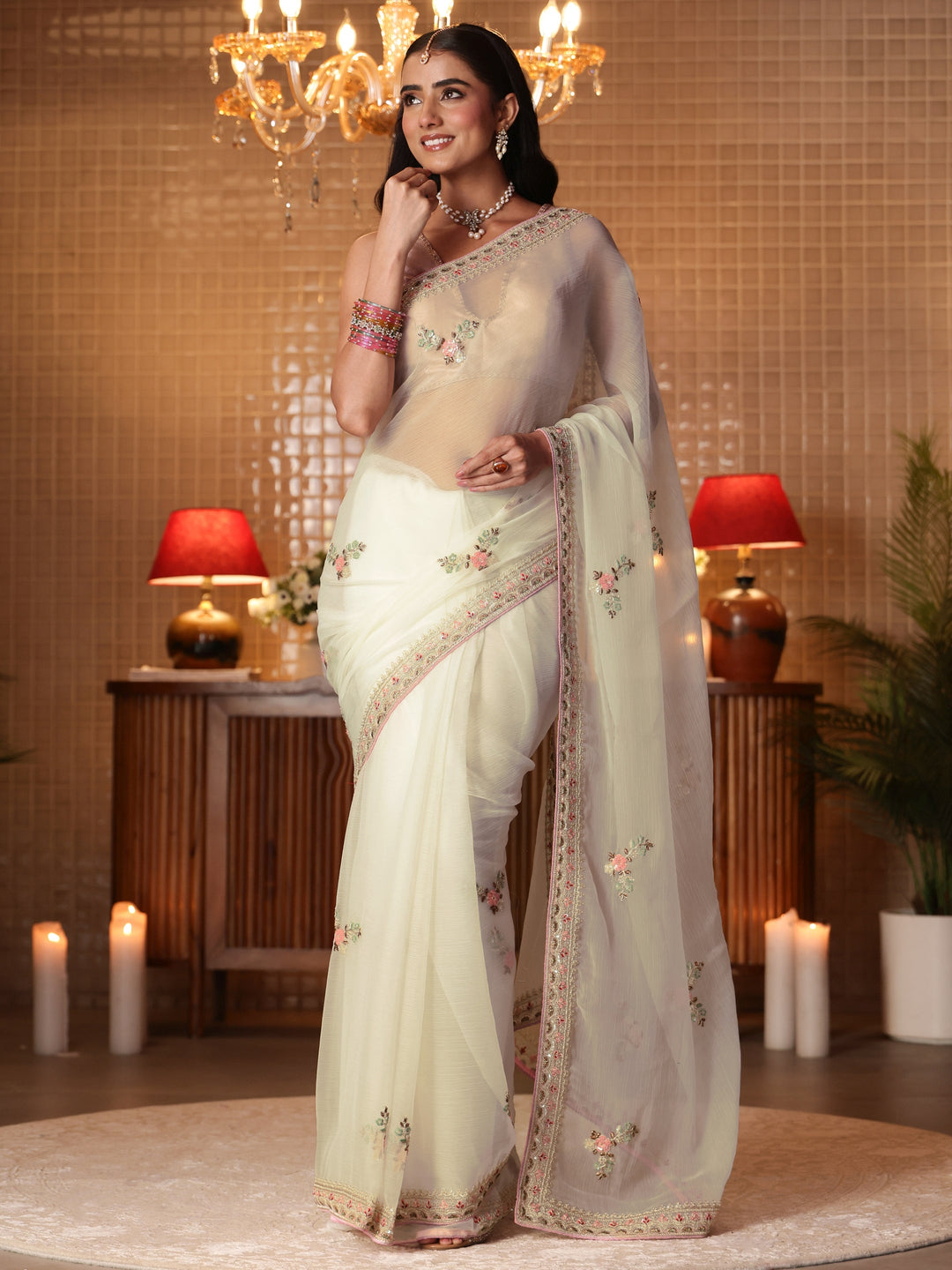 Libas Cream Floral Embroidered Silk Blend Saree
