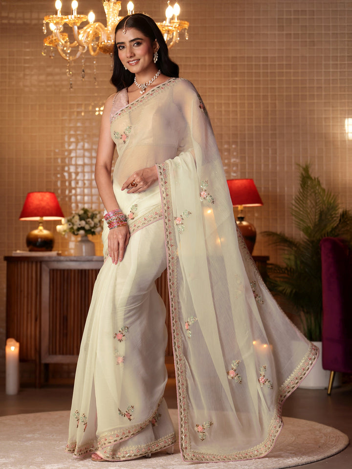 Libas Cream Floral Embroidered Silk Blend Saree