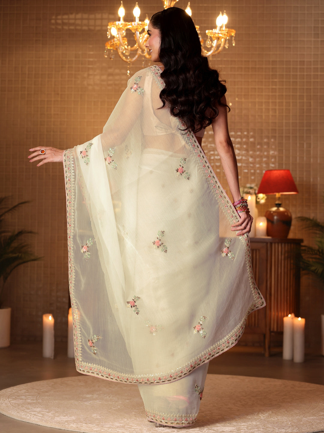 Libas Cream Floral Embroidered Silk Blend Saree